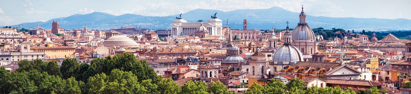 Aerial panoramic view of Rome, Italy. Beautiful Rome skyline in summer. Scenic panorama of Roma city from above. Scenery of historical area of Rome in sunlight. Horizontal banner with Rome for web.