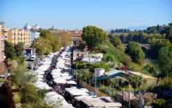 People crowd walking around stall in porta portese traditional market Rome in sunny morning