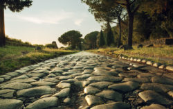 Antique road , Via Appia Antica in Rome, Italy on sunset